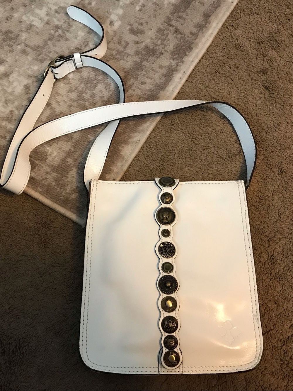 Patricia Nash White Leather Crossbody Bag with Decorative Button Trim